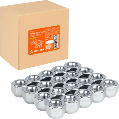 Гайка колесная AIRLINE M12x1.25x16, конус, ключ 21, открытая, хром для а/м Nissan/Renault (20 шт) ASCR108
