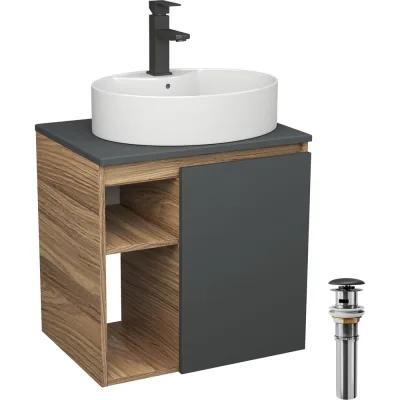 Тумба Bauedge Bau Dream Blackwood 60 правая, графит, раковина BAU Nimb 51х41 белая, смеситель Hotel Black, черный, выпуск клик клак черный SD4349
