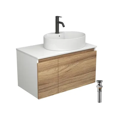 Комплект для ванной Bauedge 4 предмета (Тумба подвесная Bau Blackwood 80 + Раковина BAU 51x41, с отв. под см-ль + Смеситель Dream Black, выпуск черный) BD2602