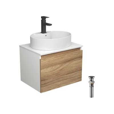 Комплект для ванной Bauedge 4 предмета (тумба подвесная Bau Blackwood 60 + раковина BAU 51x41, с отв. под см-ль + смеситель Hotel Black, выпуск черный) BD2522
