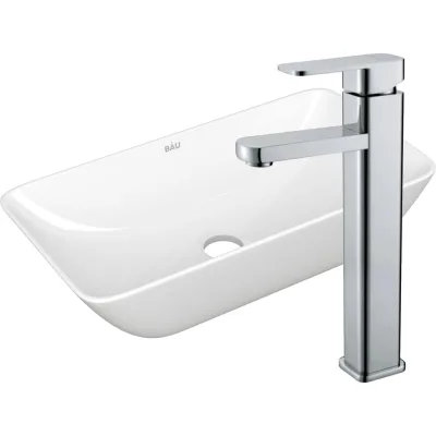 Раковина накладная со смесителем Bauedge BAU Spectrum mini (47x24, белая + смеситель Hotel Still, нержавеющая сталь) BH1089