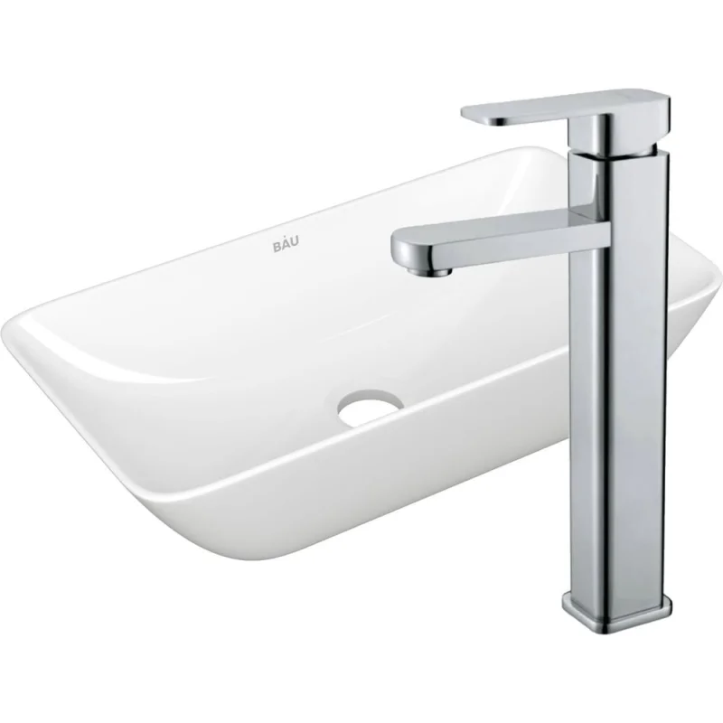 Раковина накладная со смесителем Bauedge BAU Spectrum mini (47x24, белая + смеситель Hotel Still, нержавеющая сталь) BH1089