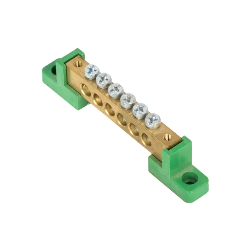 Шина EKF "0", PE, 8x12мм, 6 отверстий, латунь, с контактной пластиной, 2 зелёных угловых изолятора 20 шт PROxima sn0-125-06-2-pe