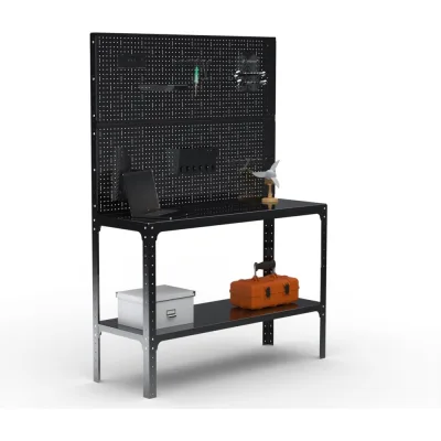 Стол-верстак ООО Металекс KIT 950х1800х400 мм, две полки + двойная перфопанель с комплектом аксессуаров, черный 205620
