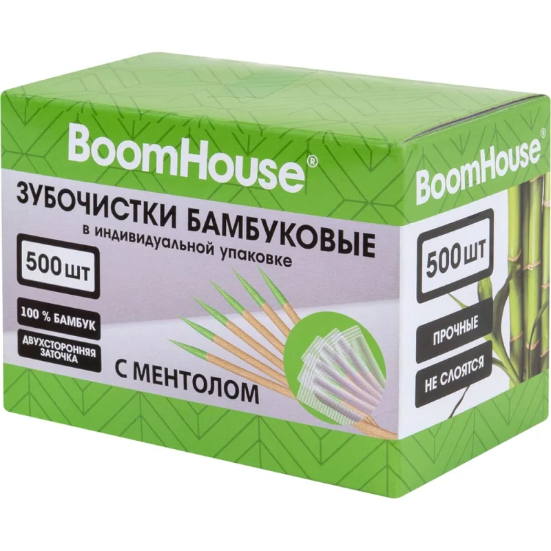 Зубочистки с МЕНТОЛОМ бамбуковые BOOMHOUSE 500 шт. в индивидуальной упаковке, , 701952