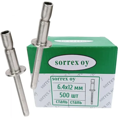 Заклепка вытяжная SORREX 6,4x12 (23,7) усиленная (моноболт), сталь/сталь, полукруглый бортик, 500 шт. SS-CFIX0806 500