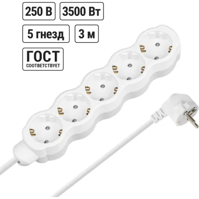 Удлинитель бытовой TDM ELECTRIC Люкс 5 гнезд, 3 м, с/з, с з/ш, ПВС 3х1 мм2, 16 А, 250 В, 3500 Вт TDM ELECTRIC SQ1303-4036