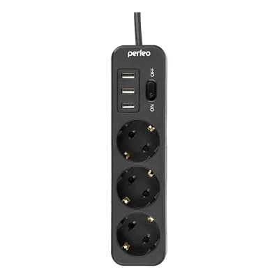 Сетевой фильтр PERFEO POWER STREAM, 2500W, 4м, 3 розетки, 3 USB, черный 30016408