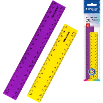 Линейки пластиковые BRAUBERG 15, 20 см неоновые, НАБОР 2 шт, европодвес, 210887
