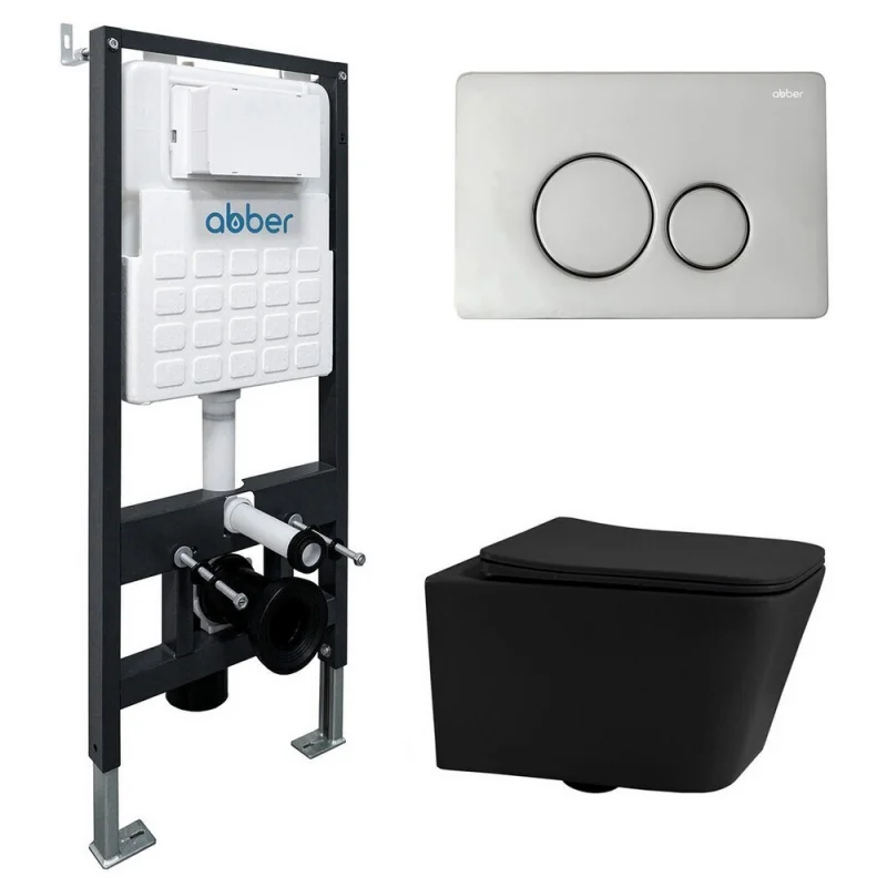 Комплект подвесной унитаз ABBER Rechteck AC1201MB черный матовый с инсталляцией AC0105 и кнопкой AC0121 хром