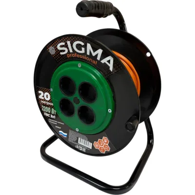 Удлинитель на пластиковой катушке SIGMA c заземлением (ПВС 3*1,0) 230 В /10А /2200 Вт 20 метров 100047