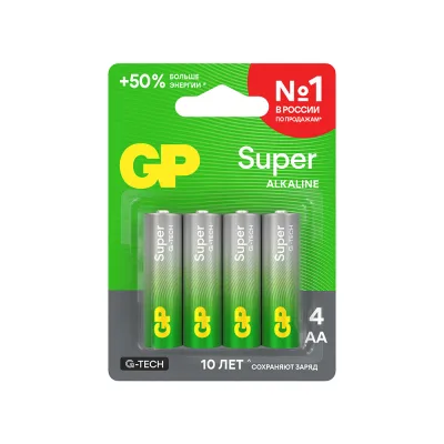 Батарейка GP Batteries Super Алкалин AA пальчиковая LR6 1,5 В (4 шт.) (GP 15AA21-2CRSBC4)