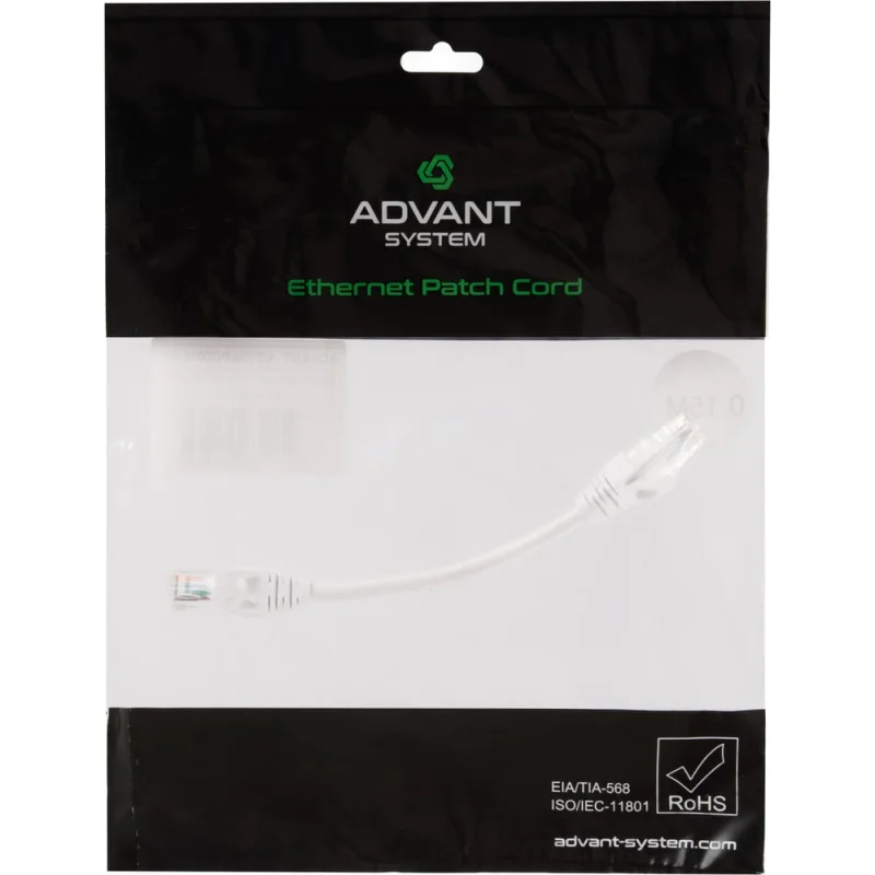 Патч-корд Advant кат. 5е, U/UTP, 4 пары (AWG24), многожильный, оболочка PVC, цвет: белый, длина: 15 см ADV5е-PC0015-PW