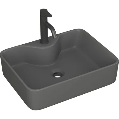 Раковина накладная со смесителем Bauedge (прямоугольная BAU Cerama 48x37, темно-серая матовая + смеситель Dream Black, черный) YBD2539