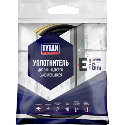 Уплотнитель для окон и дверей Tytan Professional e 6 м, 9х4 мм, черный 260672