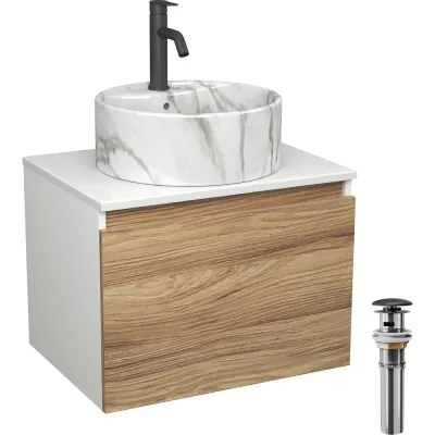 Комплект Bauedge тумба Bau Dream Blackwood 60, 1 ящик, раковина круглая накладная BAU Element D41, мрамор, смеситель Hotel Dream, черный выпуск клик клак чер BD2968