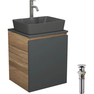 Тумба Bauedge Bau Dream Blackwood 50 графит, раковина BAU Cerama 48х37 темно-серая матовая, смеситель Hotel Dream, нерж. сталь, выпуск клик-клак, хром SD4190