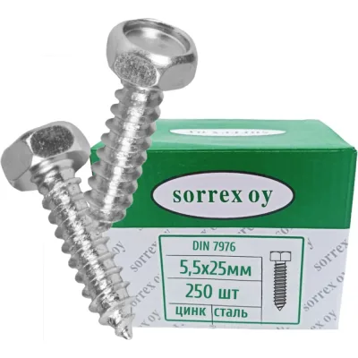 Саморез SORREX 5,5x25 с шестигранной головой DIN 7976 оцинкованный с острым наконечником 250 штук 7976-1-055-025 250
