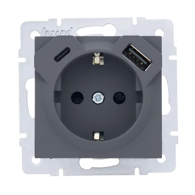 Розетка Lezard Vesna встраиваемая графит с заземлением с USB-A/ Type-C (742-3488-181TC)