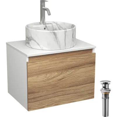 Комплект Bauedge тумба Bau Dream Blackwood 60, 1 ящик, раковина круглая накладная BAU Element D41, мрамор, смеситель Hotel Dream, нерж. сталь, выпуск клик кла BD2966