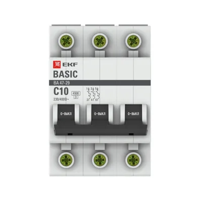 Автоматический выключатель модульный EKF Basic ВА 47-29 3P 10А тип C 4,5 кА 400 В (mcb4729-3-10C)