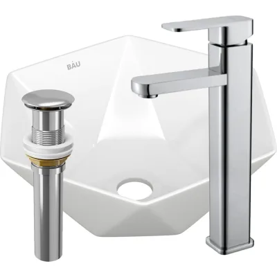 Раковина накладная на столешницу со смесителем и выпуском Bauedge BAU Crystal (40x40, белая + смеситель Hotel Still, нер. сталь, выпуск клик-клак хром) BH1195