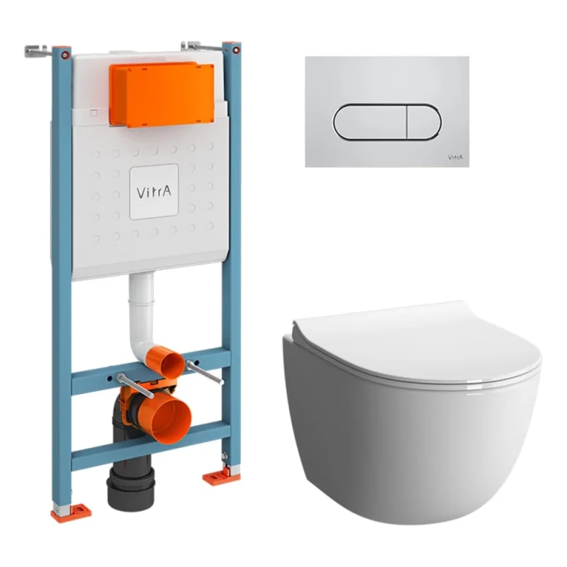 Комплект Vitra L-Box Sento Rim-Ex подвесной безободковый унитаз с тонким сиденьем с микролифтом, инсталляцией и клавишей смыва Root Round глянцевый хром 9830B003-7212