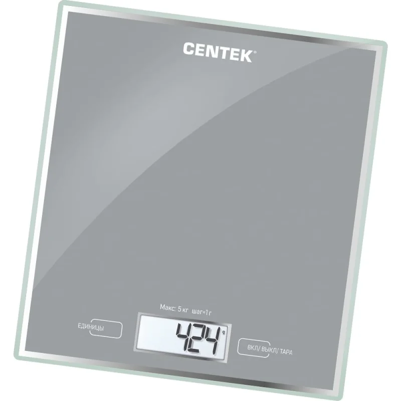 Кухонные весы Centek CT-2462 серебристый, электронные, стеклянные, LCD, 190x200 мм, max 5 кг, шаг 1 г CT-2462 Silver