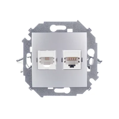 Розетка компьютерная/ телефонная Simon 15 встраиваемая алюминий RJ11/ RJ45 (1591590-033)