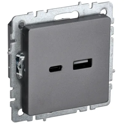 Розетка USB IEK Brite встраиваемая сталь USB-A/ Type-C (BR-U22-018-K46)