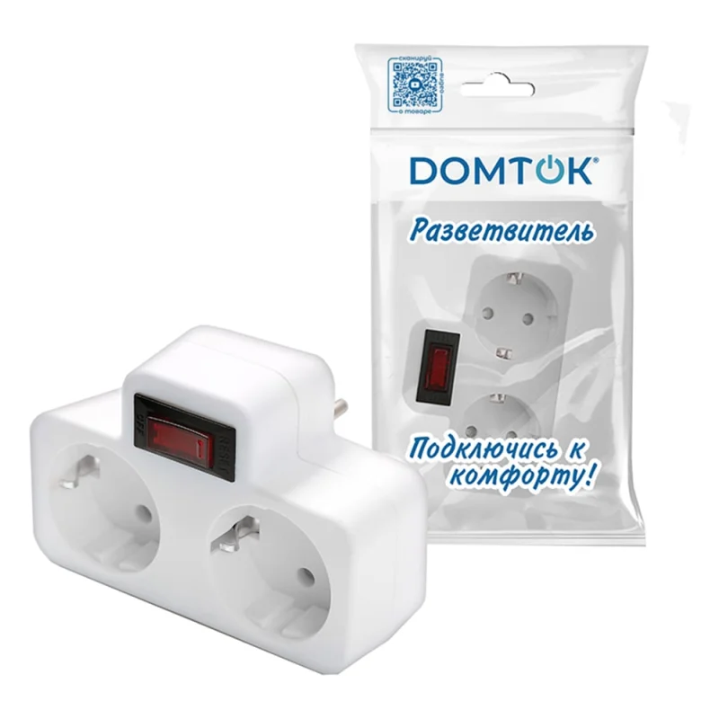 Разветвитель DОМТОК 2гн. плоский с выключателем с/з 250В 3500Вт белый 2664