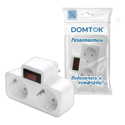 Разветвитель DОМТОК 2гн. плоский с выключателем с/з 250В 3500Вт белый 2664