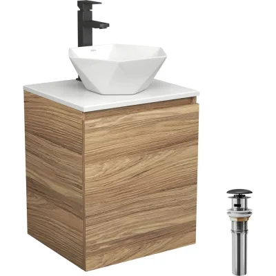Тумба Bauedge Bau Dream Blackwood 50 с дверцей, раковина BAU Crystal 40х40, смеситель для раковины высокий Hotel Black, черный, выпуск клик-клак, черный SD3099