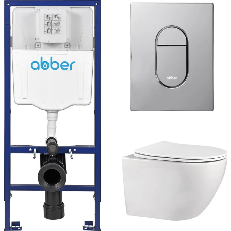 Комплект подвесной унитаз ABBER Bequem AC1100 белый с инсталляцией AC0108 и кнопкой AC0124 хром глянцевый AC1100-AC0108-AC0124