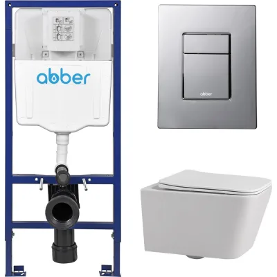 Комплект подвесной унитаз ABBER Rechteck AC1201 белый с инсталляцией AC0108 и кнопкой AC0123 хром глянцевый AC1201-AC0108-AC0123