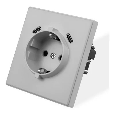 Розетка электрическая Vell светло-серая, 1 пост, USB-С, USB-С, с рамкой Air {V702092} 1397829