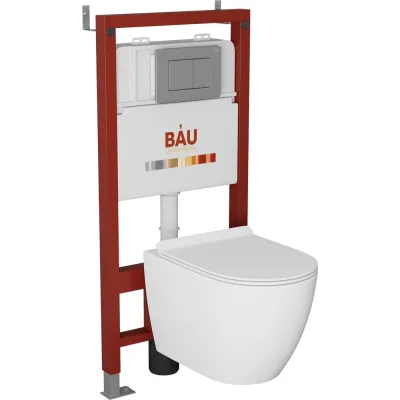 Комплект Bauedge BAU 6 в 1: инсталляция BAU PRO, унитаз подвесной безободковый Bau Dream 49,5x36, сиденье дюропласт микролифт, клавиша Stil Gun Grey, темно-серый металлик Q111300-BL0001-Q00017