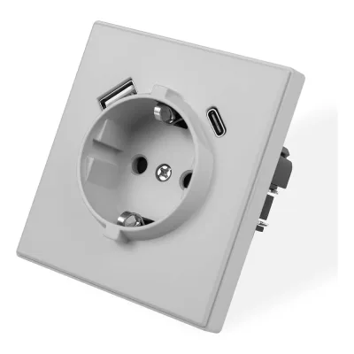 Розетка электрическая Vell светло-серая, 1 пост, USB-A, USB-С, с рамкой Air {V702088} 1397825