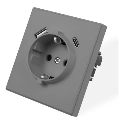 Розетка электрическая Vell серая, 1 пост, USB-A, USB-С, с рамкой Air {V702087} 1397824