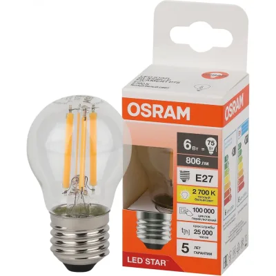 Филаментная светодиодная лампа Osram LS CLP75 6W/827 230V FIL CL E27 10x1 4058075684720