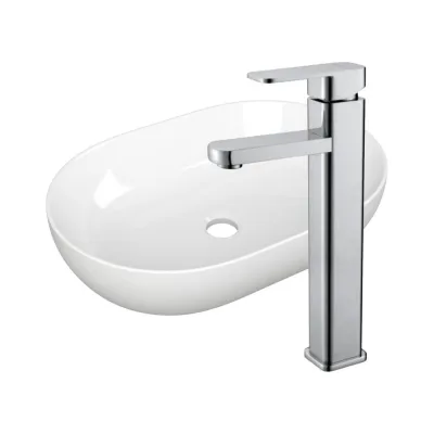 Раковина овальная накладная на столешницу Bauedge BAU Nimb 59x40, белая, смеситель для раковины высокий Hotel Still, нержавеющая сталь YBD2439