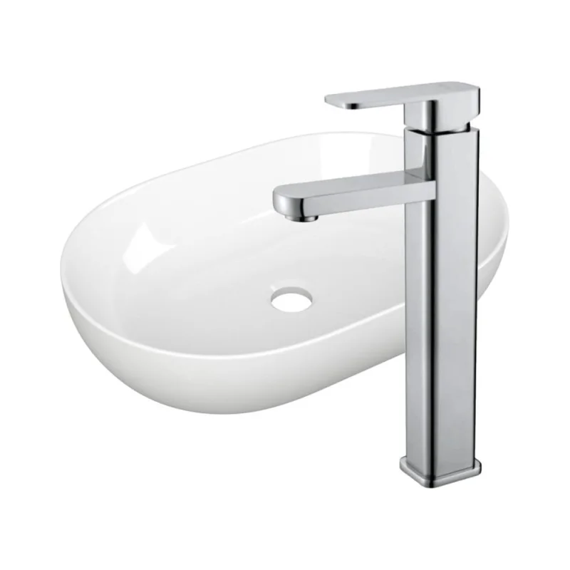 Раковина овальная накладная на столешницу Bauedge BAU Nimb 59x40, белая, смеситель для раковины высокий Hotel Still, нержавеющая сталь YBD2439
