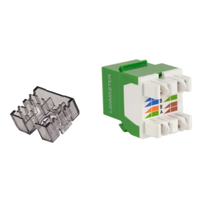 Модуль Keystone LANMASTER RJ45, неэкранированный, кат.5E, со встроенной шторкой, 180 градусов, зеленый LAN-OK45U5E/180R-GN