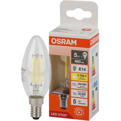 Филаментная светодиодная лампа Osram LS CLB60 5W/827 230V FIL CL E14 10x1 4058075684577