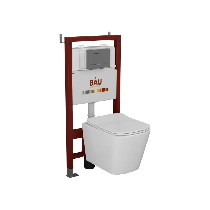 Комплект Bauedge BAU 6 в 1: инсталляция BAU PRO, Унитаз подвесной безободковый Bau Stil 49x35, сиденье дюропласт микролифт, клавиша Stil Gun Grey, темно-серый металлик Q111300-BS0001-Q00017