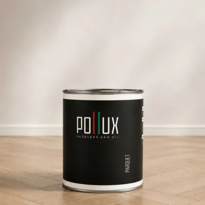 Паркетный лак для деревянного пола Pollux PARQUET на водной основе, акриловый, без запаха, износостойкий, быстросохнущий, бесцветный, глянцевый 1л. PARQUET-GL-1L