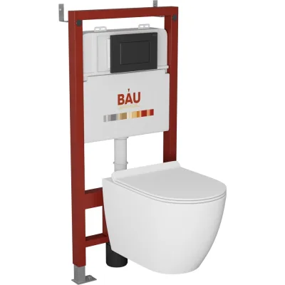 Комплект Bauedge BAU 6 в 1: инсталляция BAU PRO, унитаз подвесной безободковый Bau Dream 49,5x36, сиденье дюропласт микролифт, клавиша BAU Stil, черная матовая Q111300-BL0001-Q00003