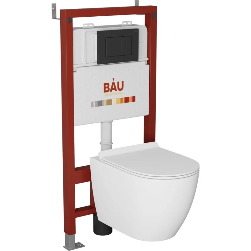 Комплект Bauedge BAU 6 в 1: инсталляция BAU PRO, унитаз подвесной безободковый Bau Dream 49,5x36, сиденье дюропласт микролифт, клавиша BAU Stil, черная матовая Q111300-BL0001-Q00003