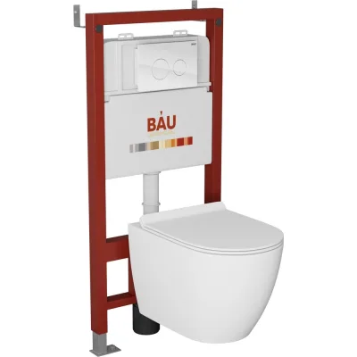 Комплект Bauedge BAU 6 в 1: инсталляция BAU PRO, унитаз подвесной безободковый Bau Dream 49,5x36, сиденье дюропласт микролифт, клавиша из стекла BAU Dream, белая Q111300-BL0001-Q00010