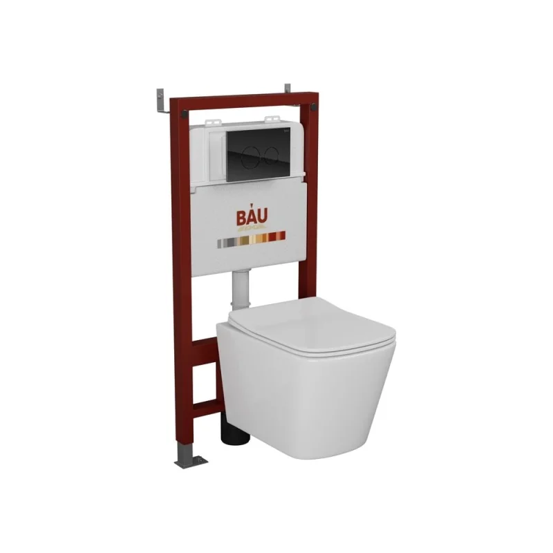 Комплект Bauedge BAU 6 в 1: инсталляция BAU PRO, Унитаз подвесной безободковый Bau Stil 49x35, сиденье дюропласт микролифт, клавиша из стекла BAU Dream, черная Q111300-BS0001-Q00011